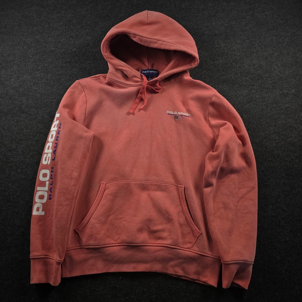 Polo Sport Ralph Lauren Hoodie Medium Salmon Pink Graphic Sleeve Pullover Mens M